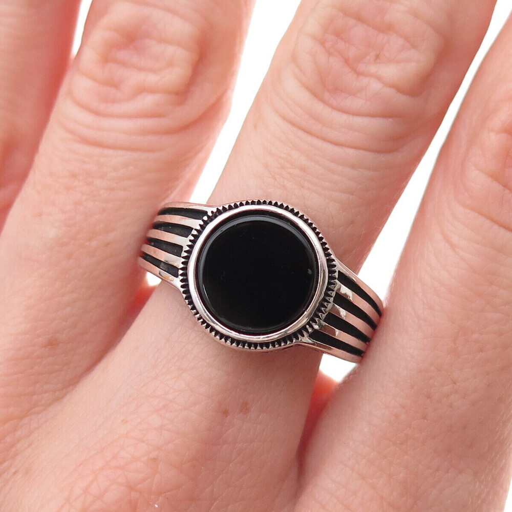 925 Sterling Silver Vintage Real Black Onyx Modernist Oxidized Ring Size 10.5